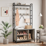 Garvee 5-in-1 Grey Entryway Hall Tree with Storage Bench – Freestanding Coat Rack, 17 Adjustable Hooks, Drawers & Shelves – Shoe Organizer for Hallway, Mudroom, or Entry – Grey