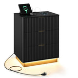 Garvee Fluted Nightstand with Charging Station & 7-Color LED Light, Engineered Wood, Smooth Rounded Edges, 3 Drawers, Bedroom & Living Room