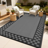 Garvee Waterproof Reversible Outdoor Rug 9x12ft – Modern Bordered Black and Gray Plastic Mat – Easy Clean Patio Carpet for Camping, RV, Balcony, Backyard – UV Resistant, All-Weather - Black & Gray
