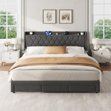 Garvee Velvet Upholstered Platform Bed Frame with Crystal Diamond Tufted Headboard, 3 Storage Drawers, Built-in Charging Station, Sturdy Wooden Slats, Noise-Free, No Box Spring Needed - Modern Bedroom Furniture, KING dark gray - Dark Gray