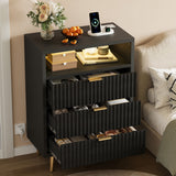Garvee 3 Drawers Dresser for Bedroom, 28" w Wooden Dresser with LED Lights and Charging Station, Fluted Wood TV Stand with Gold Handle, Modern Chest of Dressers for Closet, Living Room, Hallway, Black - Black