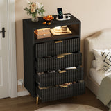 Garvee 4 Drawers Dresser for Bedroom, 28" w Wooden Dresser with LED Lights and Charging Station, Fluted Wood TV Stand with Gold Handle, Modern Chest of Dressers for Closet, Living Room, Hallway, Black - Black