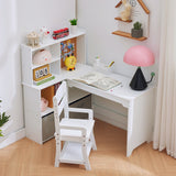 Garvee Kids Corner Desk, Desk and Chair Set for Children, L Shape Kids Study Table - Features Bulletin Board Open Shelves & Storage Cabinets and Cloth Drawers, White - White