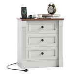 Garvee Farmhouse Rustic Nightstand with Charging Station & 3 Drawers, Roman Column Design 23.62" Wide Wood End Table , White Night Stand Side Table for Bedroom and Living Room - White&Wood-1Pc (3 Drawer)