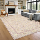 Garvee 9' × 12' Vintage Floral Border Area Rug, Machine Washable Non-Slip Low-Pile Stain-Resistant Rug for Living Room, Bedroom & Nursery, Beige - Beige