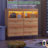 Garvee Modern Baby Changing Table Dresser – 6 Drawers, LED Lights, Power Outlet, Open Shelves, Charging Station – Multi-Functional Nursery Diaper Changing Station for Bedroom – Wood Color - Wood