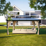 Garvee Hardtop Gazebo, 12 x 16 FT Khaki Permanent Pavilion with Double Polycarbonate Roof, Aluminum Alloy Frame, Netting and Curtains for Patio and Backyard
