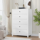 Garvee Modern 5 Drawer Sideboard Cabinet – Tall White Wood Grain Storage Chest with Large Drawers, Wide Top, Contemporary for Bedroom, Dining, Hallway – White Wood Grain - White