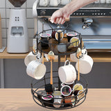 Garvee 360° Rotatable 2-Tier Coffee Mug Holder Stand – Countertop Organizer with 10 Hooks, Coffee Pod & Saucer Basket – Space-Saving Kitchen Storage Rack for Coffee Bar – Rotating Coffee Storage Rack