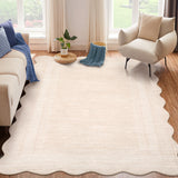 Garvee 9' × 12' Scalloped Border Area Rug, Machine Washable Non-Slip Low-Pile Stain-Resistant Rug for Living Room, Bedroom & Dining Room, Beige - Beige