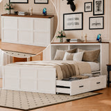 Garvee Murphy Chest Bed with Drawer & Charging Station, Farmhouse Space-Saving Folding Cabinet Bed with USB Ports & Outlets, Multifunctional Storage Bed - White + Brown