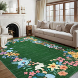 Garvee Green Washable Floral Area Rug 5' × 7', Non Slip Low Pile Stain Resistant Botanical Bordered Rug for Living Room Bedroom Nursery - Green