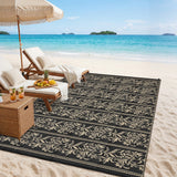 Garvee Waterproof Reversible Outdoor Rug - Boho Leaf Design - Large, UV & Mark Resistant, Washable Plastic Patio Mat with 4 Stakes & Storage Bag for RV, Camping, Deck, Balcony, Backyard, 9x18ft, Black Coffee - Black & Brown