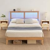 Garvee Full Bed Frame with Natural Rattan Headboard, LED Lights & Wooden Support Legs, No Box Spring Needed, Easy Assembly, Modern Design - Natural