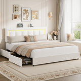 Garvee PU Leather Platform Bed Frame with 4 Storage Drawers – Adjustable Headboard, LED Lights, Charging Station, Noise-Free, Easy Assembly – King, White - White