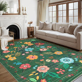 Garvee 9' × 12' Colorful Floral Area Rug, Machine Washable Non-Slip Low-Pile Soft Rug for Living Room, Bedroom & Nursery, Green - Green