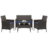 Garvee 4-Piece Rattan Patio Conversation Set, Brown Wicker Outdoor Sofa Set with Navy Blue Cushions & Glass Table - Brown / Navy Blue