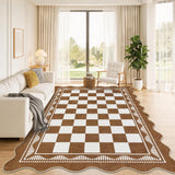 Garvee 5' × 7' Wavy Scalloped Checkerboard Area Rug, Washable Low-Pile Polyester Carpet for Living Room & Bedroom, Coffee - Coffee
