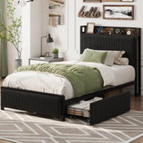 Garvee Twin XL Size Bed Frame with Storage Headboard, Black Corduroy Upholstered Twin Platform Bedframe with Storage Drawers and Charging Station, No Box Spring Needed, Noise Free - Black