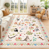 Garvee 9' x 12' Washable Area Rug – Cat & Floral Edgeed, Non-Slip, Mark Resistant, Low Pile, Collapsible Modern Farmhouse Carpet – For Living Room, Bedroom, Nursery, Dining Room, Office, Beige - Beige