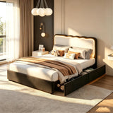 Garvee Bed Frame with LED Lights, Irregular Wave Upholstered Platform Bed with 2 Storage Drawers - Black