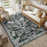 Garvee 8' x 10' Vintage Botanical Bird & Snake Area Rug, Washable Non-Slip Soft Low-Pile Rug for Living Room, Bedroom & Dining Room, Black - Black