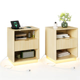 Garvee Set of 2 Fluted Nightstands – Modern Mid Century Wooden Bedside Tables with Drawer – LED Light & Charging Station – 20"W x 15.7"D x 24"H – Rustic Natural Oak Finish – Natural Wood Color