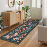 Garvee 2' × 6' Layered Floral Runner Rug, Soft Washable Low-Pile Polyester Carpet for Hallway, Kitchen and Entryway, Black - Black