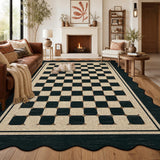 Garvee Scalloped Jute Area Rug - Modern Checkered Design - Washable Non-Slip Low Pile Carpet for Living Room, Porch, Patio, Office - Indoor Outdoor Use - Black, 9x12ft - Black