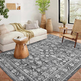 Garvee 10' × 13' Vintage Oriental Floral Area Rug, Machine Washable Non-Slip Low-Pile Soft Rug for Living Room, Bedroom & Nursery, Black/Gray