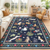 Garvee 5' x 7' Non-Slip Washable Cat Print Area Rug – Low Pile, Mark Resistant, Modern Floral Bordered Carpet for Living Room, Bedroom, Dining Room, Entryway, Office, Childs Room, Blue - Blue