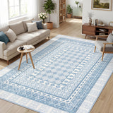 Garvee 5x7 Bordered Living Room Rugs, Washable Geometric Non Slip Area Rug for Bedroom, Indoor Modern Low Pile Ultra Thin Large Under Table Carpet for Dining Room Farmhouse, Blue - Blue