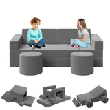 Garvee 13-Piece Modular Kids Play Couch Set – Convertible Foam Toddler Sofa with 2 Round Ottomans – Washable Velvet Covers – Creative Fort Building & Floor Seating – Playroom, Bedroom – Color: Ash Grey - Blue