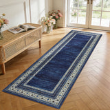 Garvee 2' x 6' Navy Blue Vintage Floral Bordered Runner Rug, Washable Polyester Non-Slip Low-Pile Carpet for Hallway, Kitchen, Entryway and Bedroom - Navy Blue