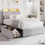Garvee Velvet Upholstered Twin Bed Frame with Storage Headboard, 2 Drawers, LED Lights, Bookcase Shelf, Noise-Free Design, Easy Assembly, No Box Spring Required - Gray, Twin Size - Gray