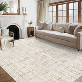Garvee 10' x 13' Beige Modern Crosshatch Abstract Area Rug, Washable Non-Slip Low-Pile Carpet for Living Room, Bedroom and Dining Room - Beige