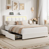 Garvee PU Leather Bed Frame with 4 Storage Drawers – Adjustable Upholstered Headboard, LED Lights, Charging Station, Noise-Free, Easy Assembly – Full, White - White