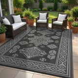 Garvee Outdoor Rug 9x12 Waterproof Reversible Plastic Straw Patio Rug Large Vintage Outdoor RV Mat Foldable Indoor Outdoor Rugs for Picnic, Backyard, Rv, Beach, Deck, Camper, Balcony, Black - Black & Gray