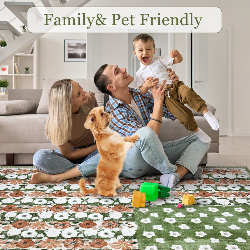 Garvee 6' × 9' 4th of July Patriotic Floral Rug, Sage Green/White/Rust American Flag Washable Area Rug