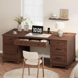 Garvee Executive Computer Desk 60" with Built-in Charging Station & USB Ports – File Cabinet & Spacious Drawers – Farmhouse Wooden Home Office Writing Table,  Brown - Walnut Brown