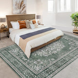 Garvee 8' × 10' Area Rugs for Living Room, Washable Floral Rug Non Slip Low Pile, Vintage Boho Botanical Throw Carpet for Farmhouse, Bedroom, Dining Room, Retro Dusty Green - Dark Green