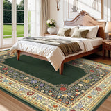 Garvee 6' × 9' Vintage Floral Border Area Rug, Machine Washable Non-Slip Low-Pile Soft Rug for Living Room, Bedroom & Nursery, Dark Green - Dark Green