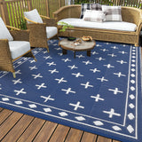 Garvee Reversible Geometric Outdoor Rug – Waterproof, UV Resistant Low-Pile Plastic Mat for Patio, Garden, Camping, Easy to Clean, Large 9x12ft, Deep Blue/White - Navy Blue