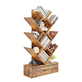 Garvee Rustic 7-Tier Tree Bookshelf with LED Lights & Fabric Drawer – Industrial Vertical Bookcase for Office, Living Room, Bedroom – Space-Saving for Small Spaces – Vintage Wood Board + Vintage Fabric Drawer - Rustic Brown