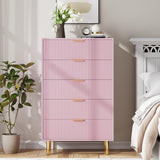Garvee 5 Drawer Wooden Dresser Pink with Gold Handles, Large Storage, Durable MDF, Modern Design, Metal Legs, Bedroom & Living Room - Pink