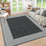 Garvee Washable Rug 5x7 for Bedroom Large Living Room Rug with Rubber Backing Casual Striped Border Throw Carpet Modern Contemporary Area Rug for Dining Room Nursery Entry, Black - Black