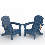 Garvee Set of 2 Folding HDPE Adirondack Chairs, Wood-Grain Patio Chairs with Cup Holders,Navy Blue - Navy Blue