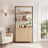 Garvee 71”Tall Bookshelf with Doors - Industrial Display Standing Shelf Rack with 3-Tier Shelves & Metal Frame, Bookcase with Adjustable Shelf and Protective Rails for Living Room, Office, Natural - Natural Wood + Black Rack
