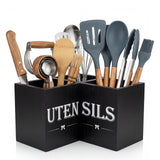 Garvee Space-Saving 90° Corner Utensil Holder - Large 3-Compartment Paulownia Wood Flatware Organizer - Spacious Kitchen Countertop Caddy for Spoons, Spatulas, Knives - Matte Black, Color: Black