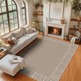 Garvee Striped Bordered Rug 8x10 Washable Polyester Non-Slip Low Pile Durable Stain-Resistant Indoor Outdoor Patio Living Room - Beige